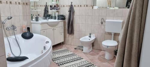 斯洛文尼亚格拉代茨Hiša pri Bici的带浴缸、卫生间和盥洗盆的浴室