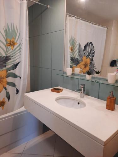 圣玛丽亚vila verde twonhouse T54的一间带水槽和淋浴帘的浴室