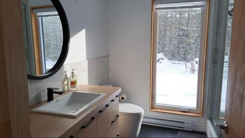 圣亚历克西德蒙Les Chalets Double K # 1的一间带水槽和镜子的浴室以及窗户。