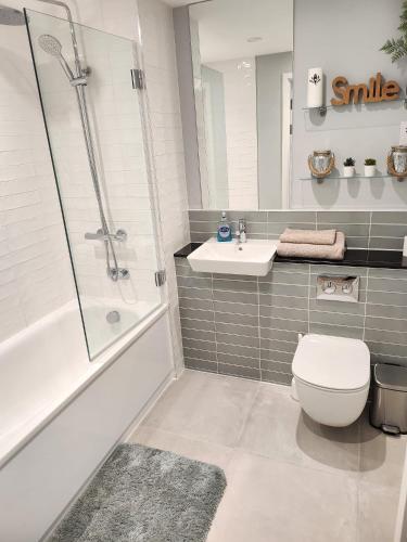 卢顿Lovely Luxury Apartment with Free Parking 209的带淋浴、卫生间和盥洗盆的浴室
