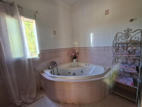 瓦伦西亚Château Angélique的带浴缸的浴室和窗户