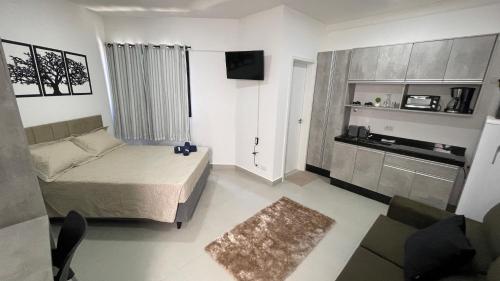 伊瓜苏Apartamento Locação Temporada em Foz do Iguaçu的一间小卧室,配有一张床和电视
