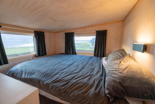 蒂阿瑙Tiny Piece of Paradise - Te Anau Tiny House的一间卧室设有一张床和两个窗户。