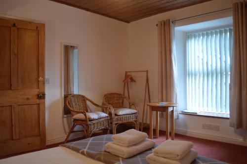 卡迪根Troedyrhiw Bed & Breakfast的一间设有两把椅子、一张桌子和一个窗户的房间