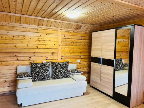 斯基希德尼萨Belvedere-Karpaty-Panorama的木墙内配有沙发的房间