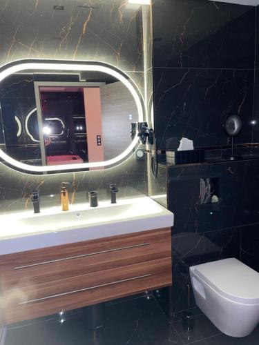 索恩河畔沙隆NUITS D'HERMES & Spa的一间带水槽、镜子和卫生间的浴室