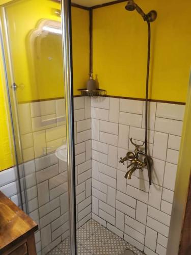KaramusalTiny House in Garden with Sea View的浴室设有黄色墙壁和白色瓷砖,配有淋浴。