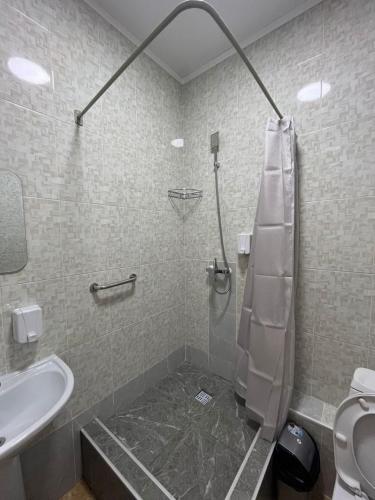比什凯克A Hotel Bishkek的带淋浴、盥洗盆和卫生间的浴室