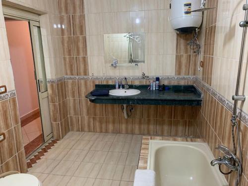 开罗Schöne Wohnung mit Blick auf Nil und Pyramiden的带浴缸和盥洗盆的浴室