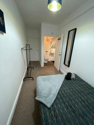 温斯伯里Spacious sofa bed lounge area with ensuite bedroom的一间带一张床的卧室和一间带镜子的浴室