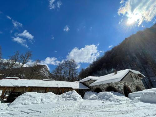 DeçanPerroi Shqiptar的山旁的积雪覆盖的建筑