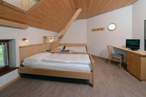 塞尔瓦迪加尔代纳山谷Hotel Casa Alpina - Alpin Haus的一间卧室配有一张床、一张书桌和一台电视