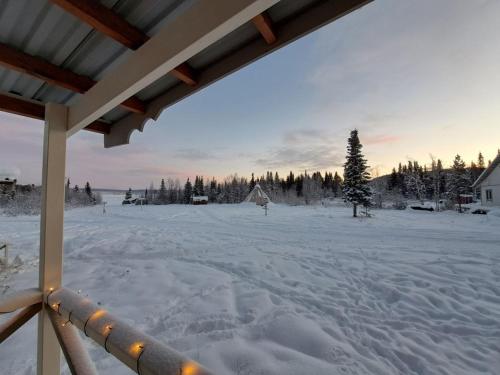 基律纳Aurora River Camp Glass igloos & cabins的享有带雪盖的庭院和房屋的景色