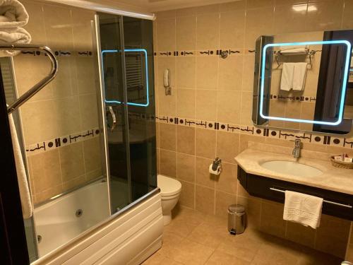 伊斯坦布尔ZEO HOTEL merter的带淋浴、盥洗盆和卫生间的浴室