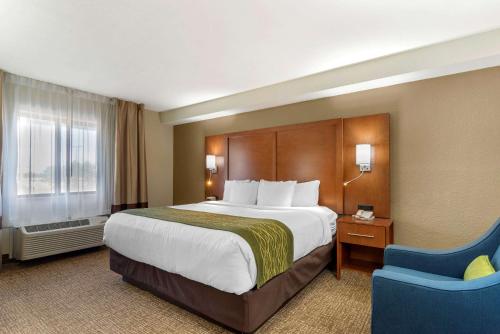 华纳罗宾斯Comfort Inn & Suites - near Robins Air Force Base Main Gate的酒店客房带大床和蓝椅