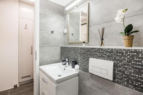 布达佩斯Central Sphere Apartment的一间带水槽和镜子的浴室