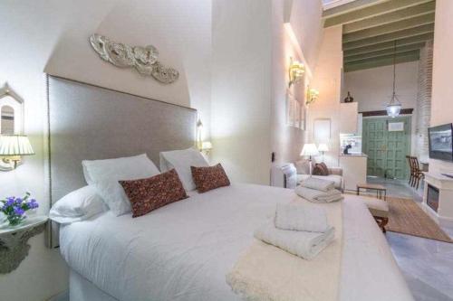 塞维利亚Judería de Sevilla I Luxury Apartments的一间带白色大床的卧室和一间客厅