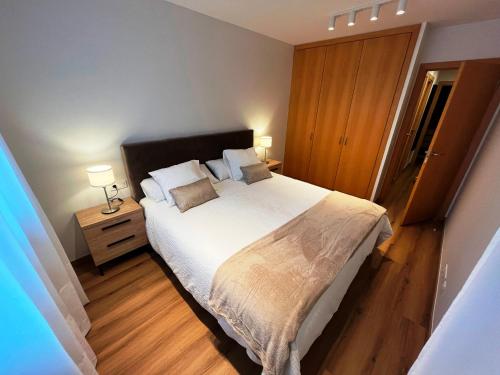 卡尼略P&C Areny的一间卧室设有一张大床,铺有木地板