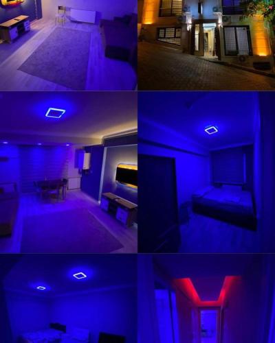 Buca8 Plus Apart的客厅的四张照片,有蓝色和红色的灯光