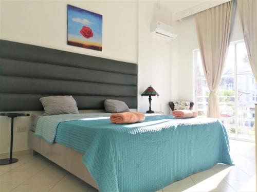 蓬塔卡纳Art Villa的一间卧室配有蓝色的床和两个枕头