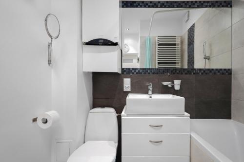 克拉科夫Black&White的一间带卫生间、水槽和镜子的浴室