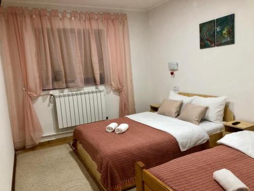 克尔茨什瓦拉乡Podul De Brazi - Fir Bridge的酒店客房设有两张床和窗户。