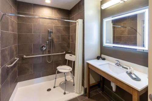塔尔萨La Quinta Inn & Suites by Wyndham Tulsa Downtown - Route 66的带淋浴和盥洗盆的浴室