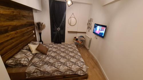 斯科普里Anika Sweet Apartment at Vodno的一间卧室配有一张床,墙上配有电视