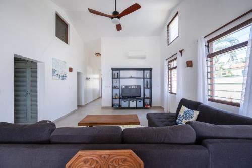 MsambweniOasys House - Beautiful Private Beach Front Home的带沙发和吊扇的客厅