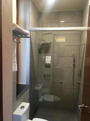 拉巴斯La casa de Teresita的浴室设有玻璃淋浴间和卫生间