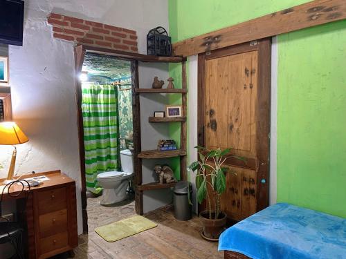 圣巴勃罗圣巴勃罗住宿加早餐旅馆的一间卧室设有卫生间和绿色的墙壁