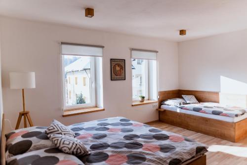 伊泽拉河畔亚布洛内茨Apartmány Jabloneček的带2扇窗户的客房内的2张床