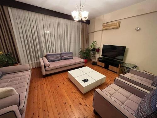 伊斯坦布尔3+1,villa, 10min to KadıköyPier的客厅配有两张沙发和一台电视