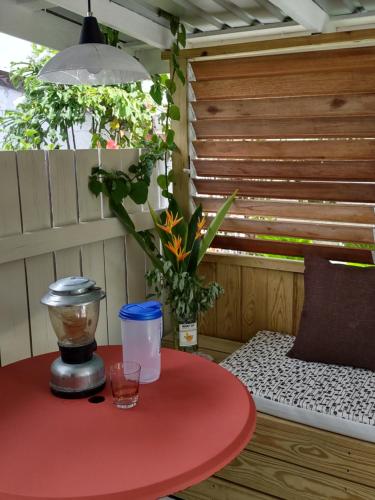 基督教堂市Private Garden Suite, Surf, Work, Relax的露台上的红色桌子和饮料