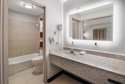 杰克逊Red Roof Inn & Suites Jackson, TN的一间带水槽、卫生间和镜子的浴室