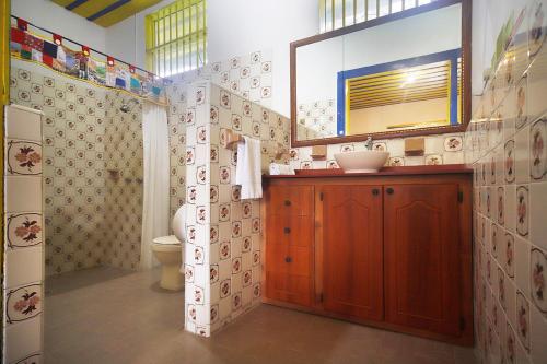 萨兰托El Rancho de Salento的一间带水槽、镜子和卫生间的浴室
