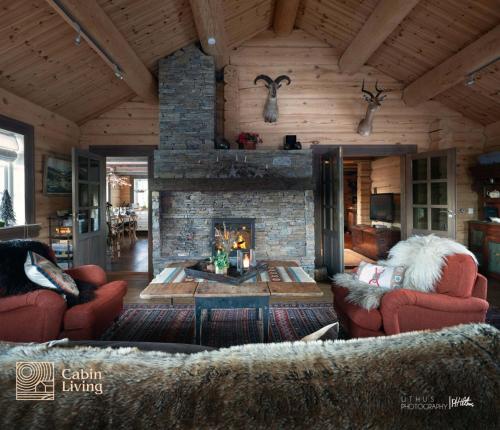 Nes i ÅdalLarge cabin on Nesfjellet pure luxury feeling的一间客厅,客厅内配有石头壁炉。
