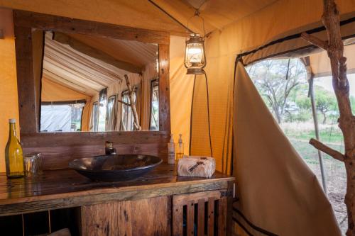 Kwa KuchiniaBaobab Tented Camp的一间带水槽和镜子的浴室