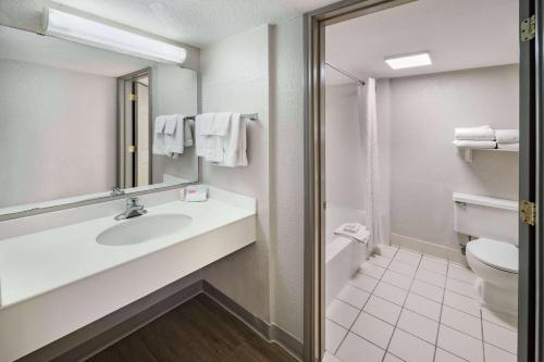 德尔里奥Days Inn by Wyndham Del Rio的一间带水槽、卫生间和镜子的浴室
