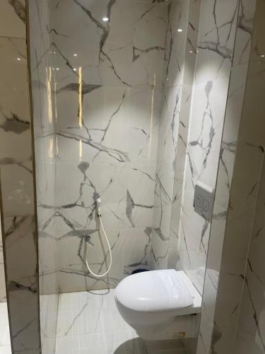 蓬蒂切里NT Hotels and Resorts Akridha的浴室配有白色卫生间和大理石墙。