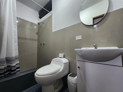 皮乌拉Hotel Villa del Sol的一间带卫生间、水槽和镜子的浴室