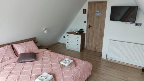CoţofăneştiCabana A-frame Nis的卧室配有粉红色的床和电视。