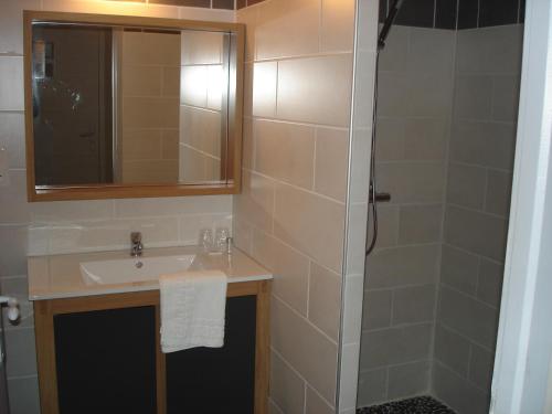 圣博内莱弗鲁瓦欧巴诗德米提酒店的浴室配有盥洗盆和带镜子的淋浴