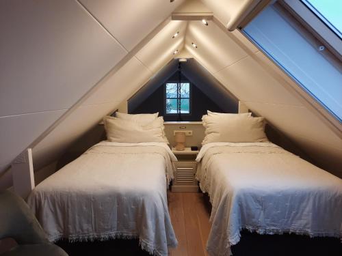 BergambachtB&B De Oase的阁楼间设有两张床,设有窗户