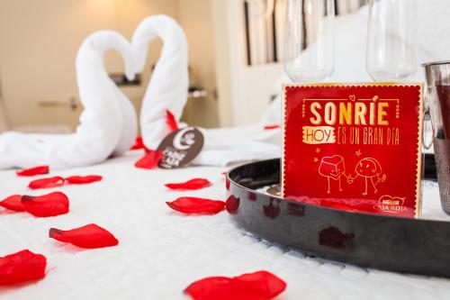 加的斯加的斯广场Spa酒店的一张红玫瑰桌,一本书和天鹅