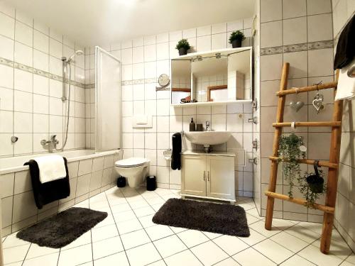 爱尔福特Appartement DOM I - Erfurt Domplatz的一间带水槽、卫生间和淋浴的浴室