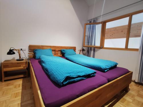 沃瑟姆阿尔伯格Apartment Bergführer的配有蓝色和紫色床单的客房内的两张床