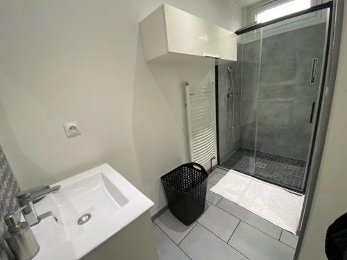Fleury-sur-AndelleMaison de ville的带淋浴和盥洗盆的白色浴室