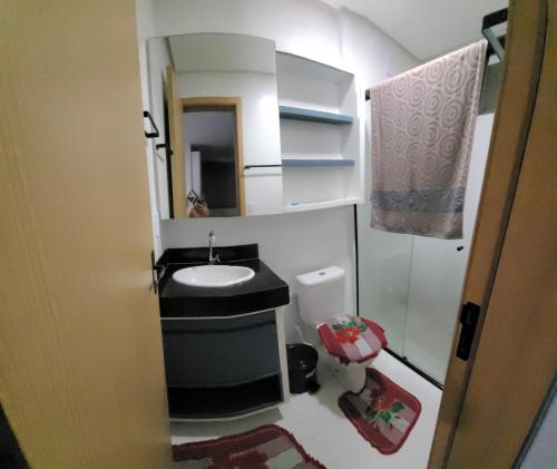 巴雷里尼亚斯Apartamento Condomínio Lençóis Confort的一间带水槽和镜子的小浴室