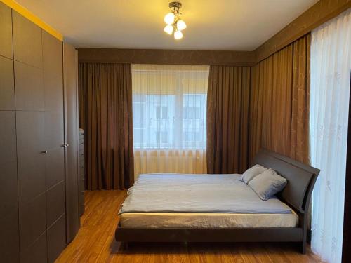 里加Cat Garden Elegant Apartments Riga的一间卧室设有一张床和一个窗口